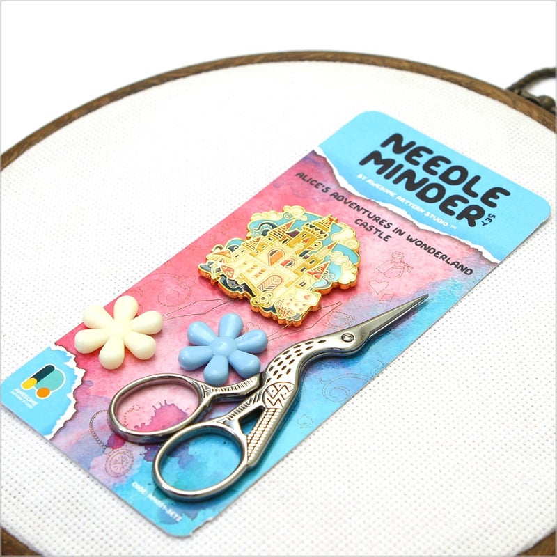 Awesome Pattern Studio Needle Minder Set - Alice's Adventures in Wonderland Castle Magnetic Needle Minder + 2 Needle Threaders + Crane Scissors. Enamel Pin for Cross Stitch, Embroidery and Craft - Image 3